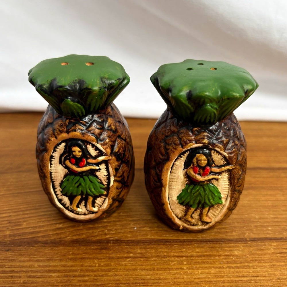 Vintage Aloha Hawaii Pineapple Salt & Pepper Shakers Hula Girl Ceramic Japan